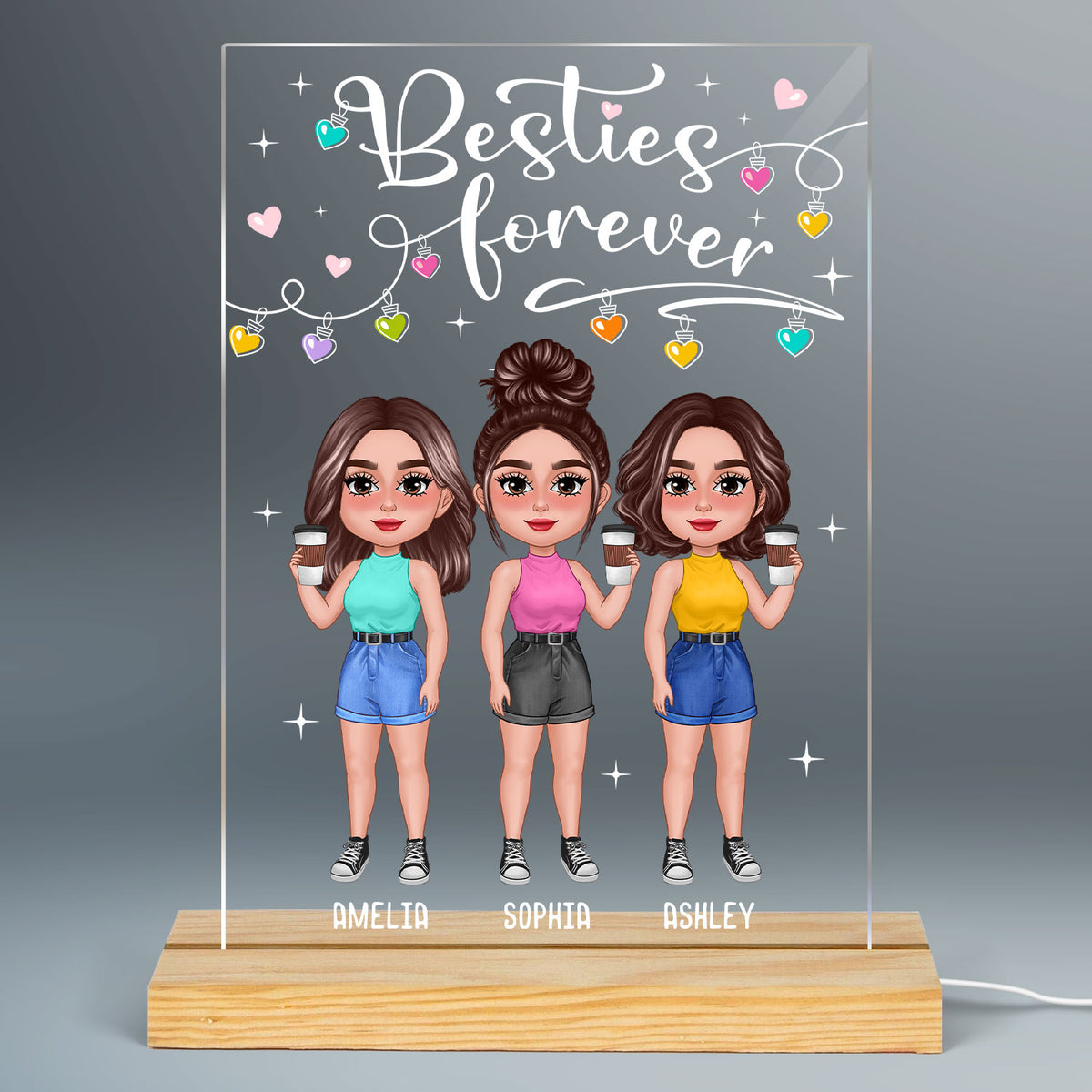 Standing Pretty Besties Sisters Light String Personalized Rectangle Acrylic LED Night Light