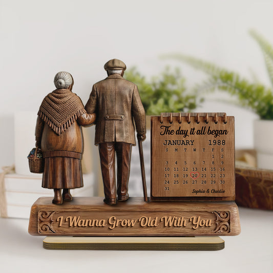 Old Couple Walking Side By Side Anniversary Date Calendar 2D Flat - Personalized 2-Layered Wooden Plaque