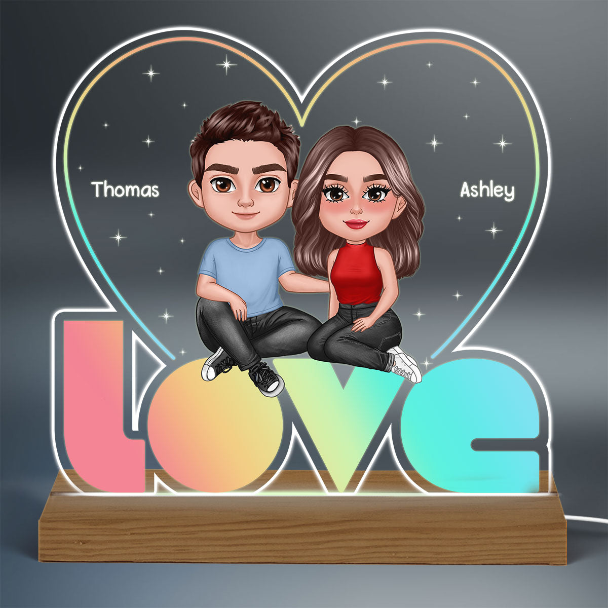 LOVE Pastel Palette Pretty Doll Couple Personalized Custom Shaped Acrylic Plaque With Warm LED Night Light