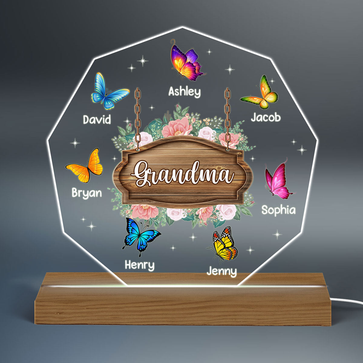 Grandma Butterfly Flowers Personalized Warm Acrylic Custom Shape LED Night Light