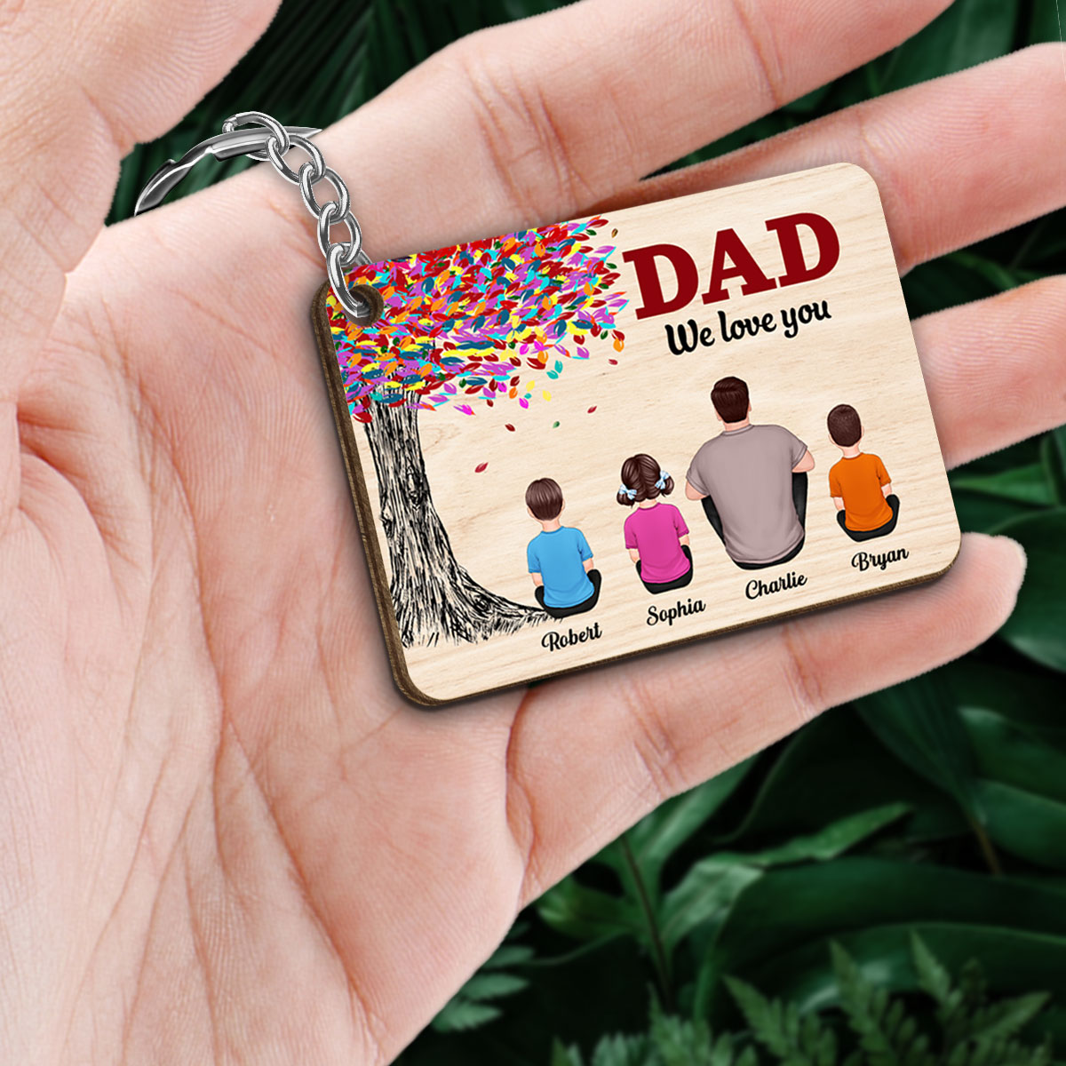Best Dad Ever Colorful Tree Personalized Wooden Keychain