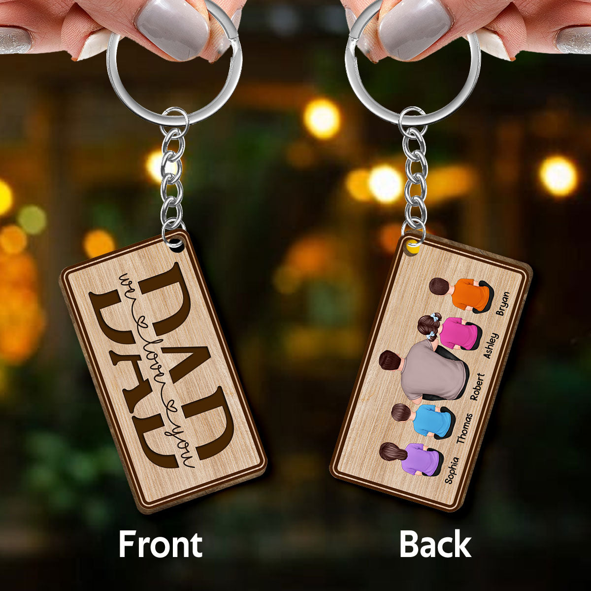 Best Dad Ever Back View Sitting Man Kids Dog Cat Border Personalized Wooden Keychain