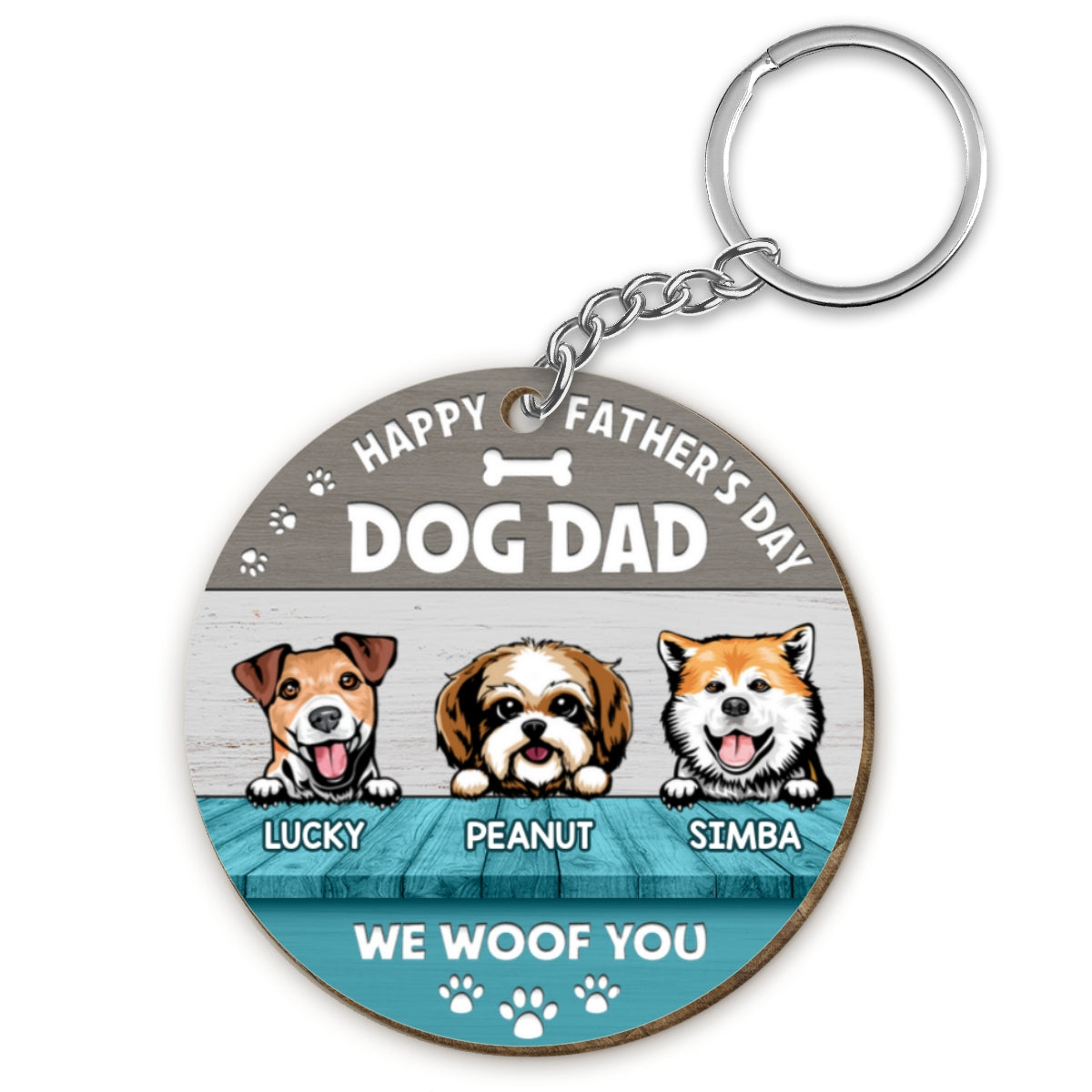 Happy Father‘s Day Dog Dad Dogs On Table Personalized Wooden Keychain