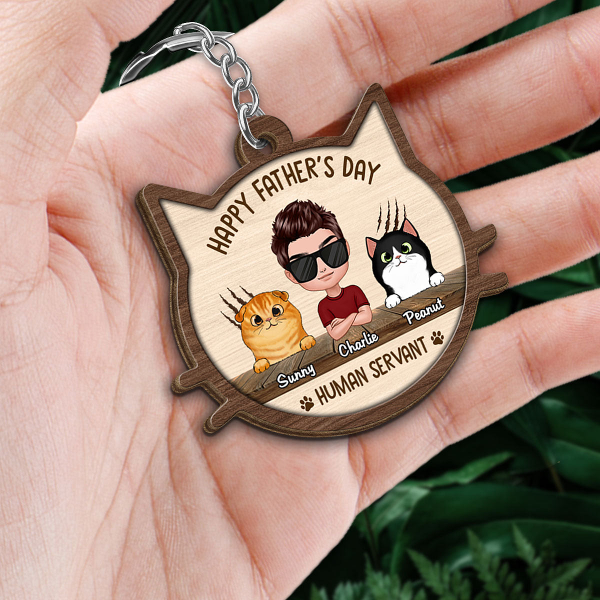 Happy Father‘s Day Human Servant Cat Face Shaped Personalized Wooden Keychain