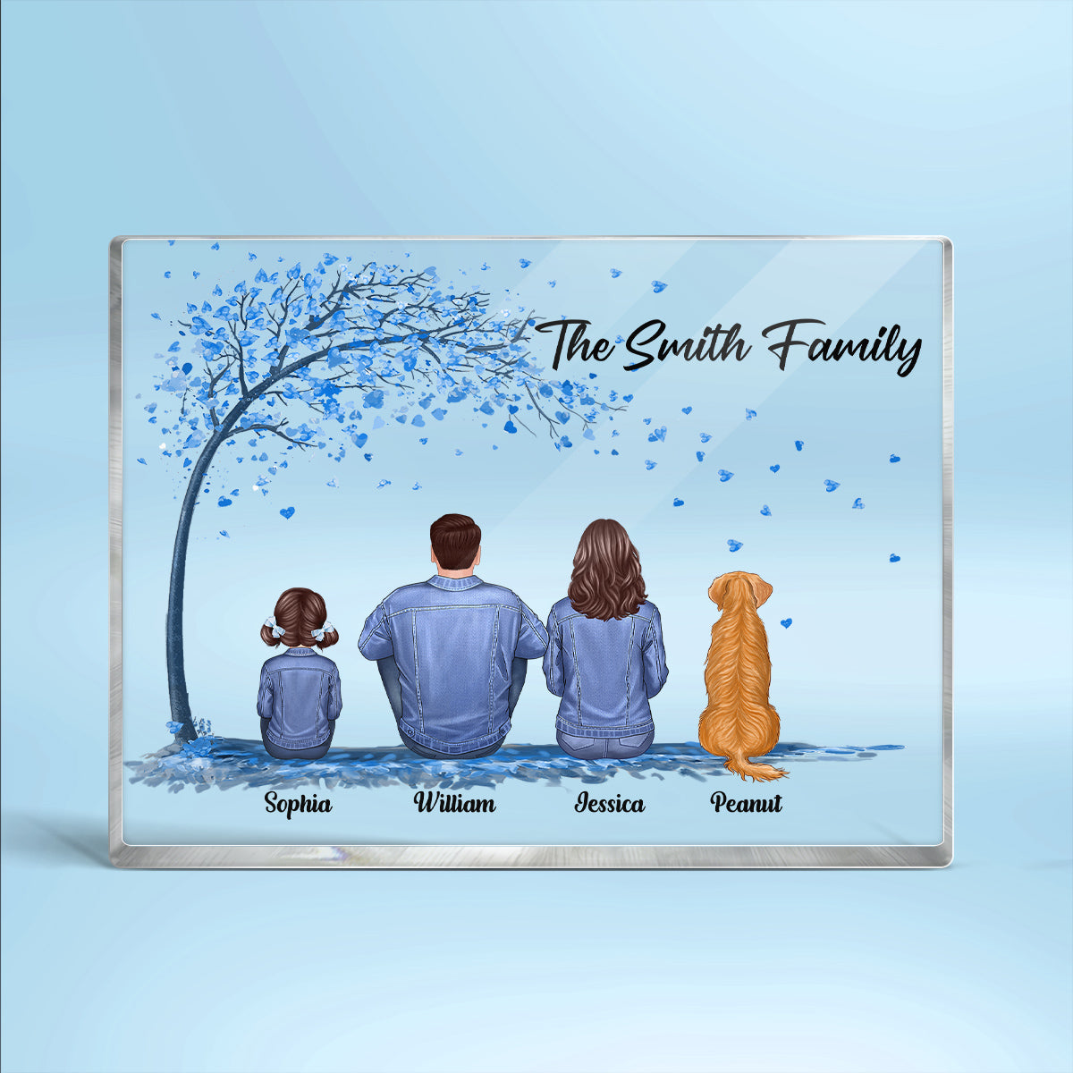 Denim Jacket Family Sitting Under Blue Tree Personalized Rectangle Acrylic Block Plaque