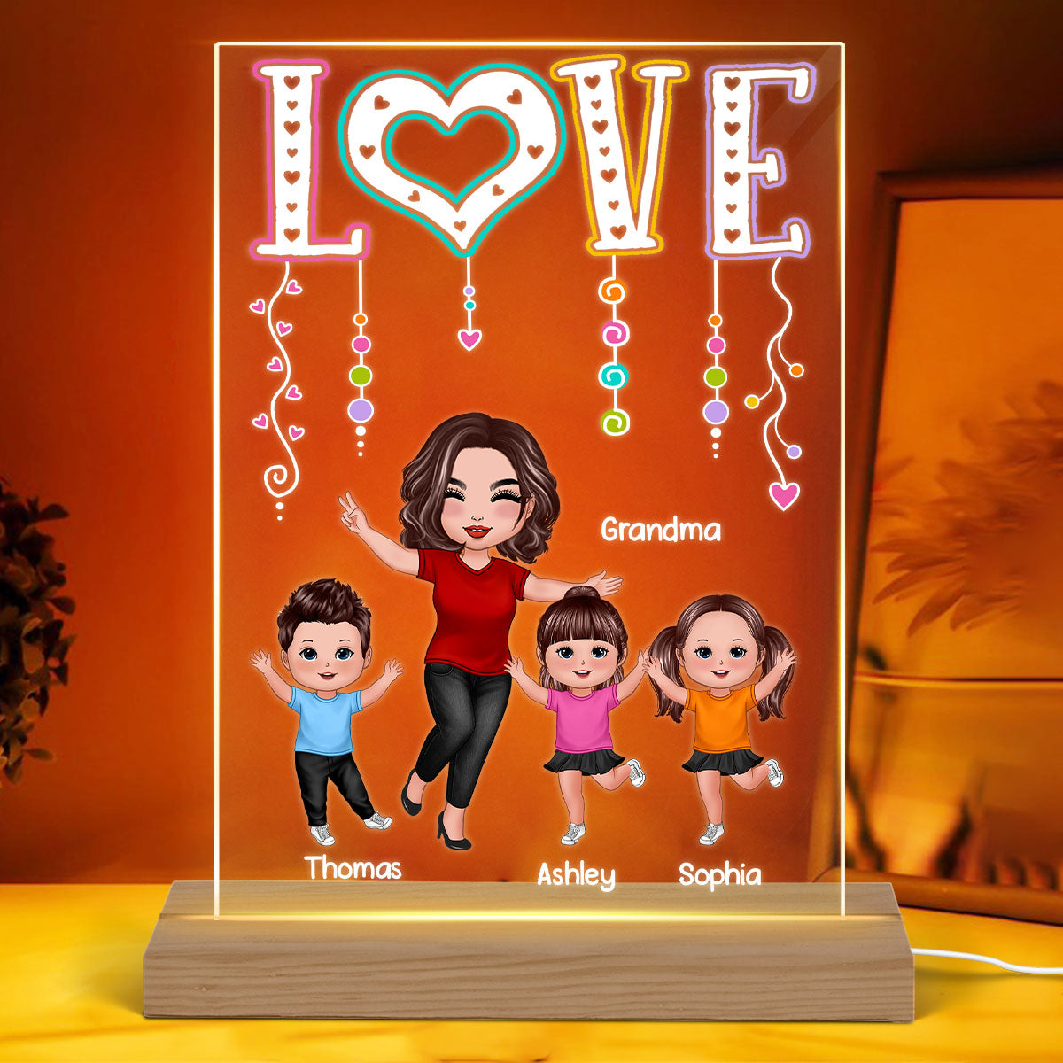 LOVE Happy Doll Grandma Mom With Kids Personalized Rectangle Acrylic Plaque LED Night Light