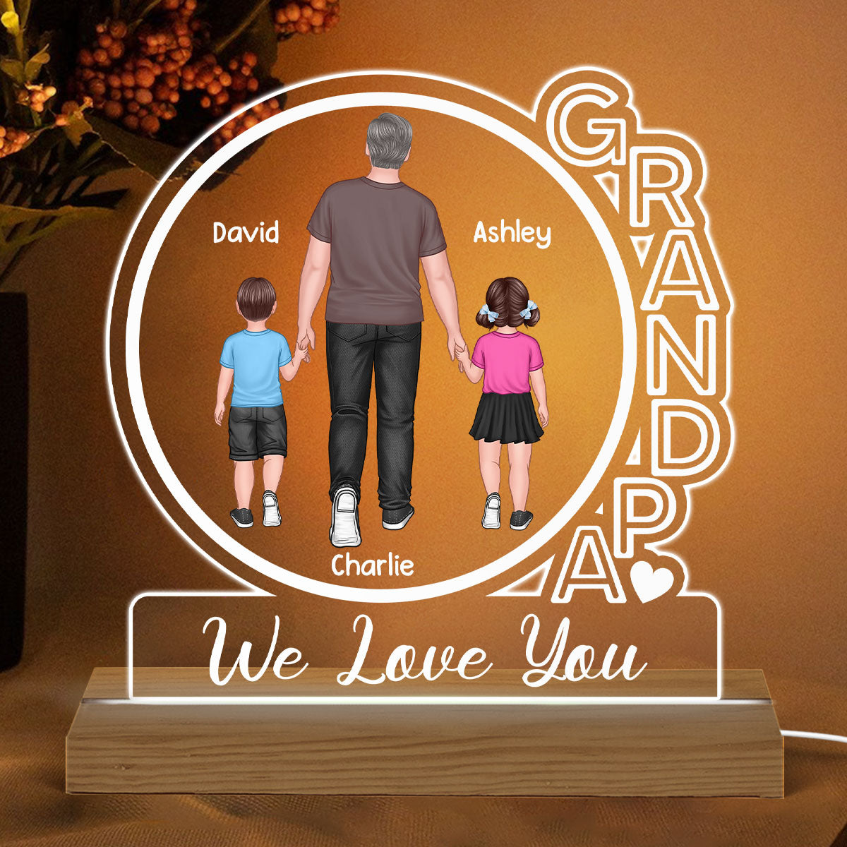 Grandpa We Love You Back View Walking Man & Kids Personalized Custom Shape Acrylic Plaque With Warm LED Night Light
