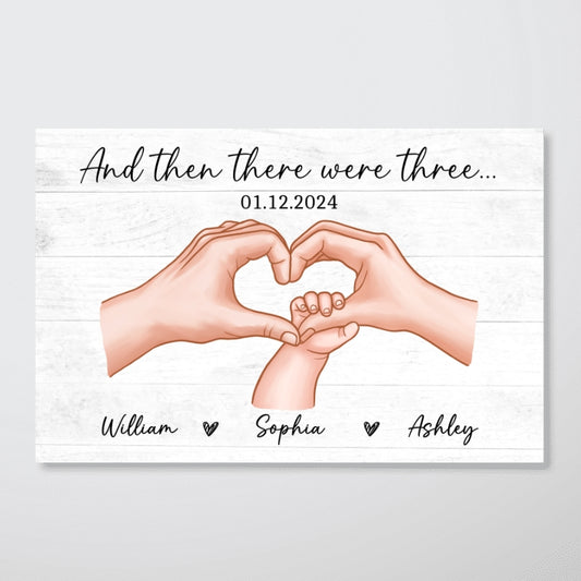 Family Of Three Heart Hand Personalized Horizontal Wall Art, Gift For New Mom New Dad