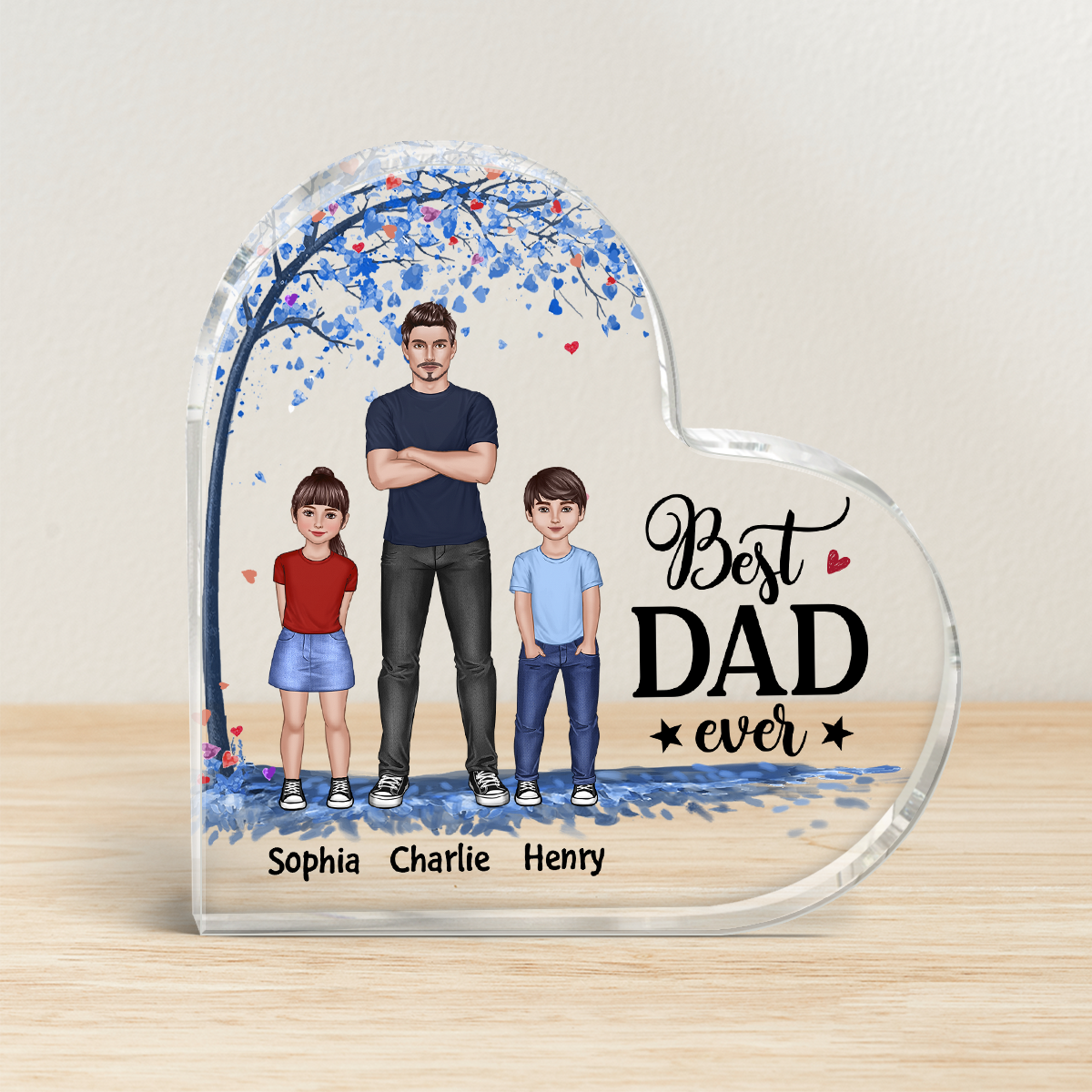 Dad And Kids Standing Front View Under Blue Tree Personalized Heart Acrylic Plaque
