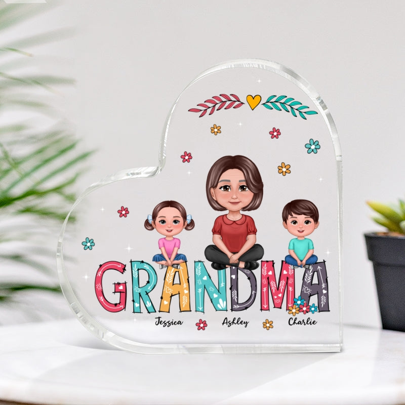 Pretty Doll Grandma And Kids Sitting On Colorful Text Personalized Heart Acrylic Plaque