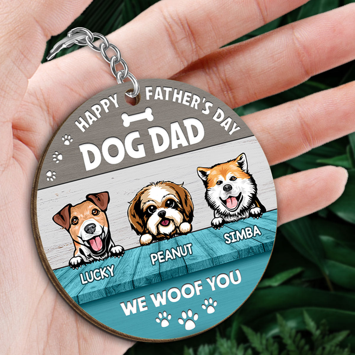 Happy Father‘s Day Dog Dad Dogs On Table Personalized Wooden Keychain