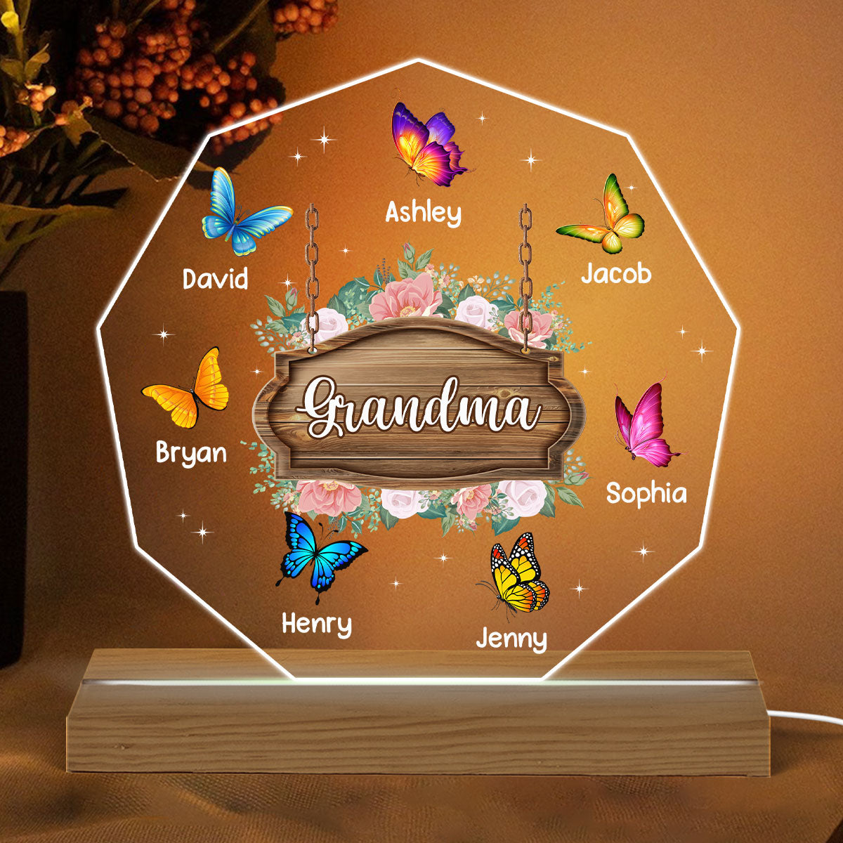 Grandma Butterfly Flowers Personalized Warm Acrylic Custom Shape LED Night Light