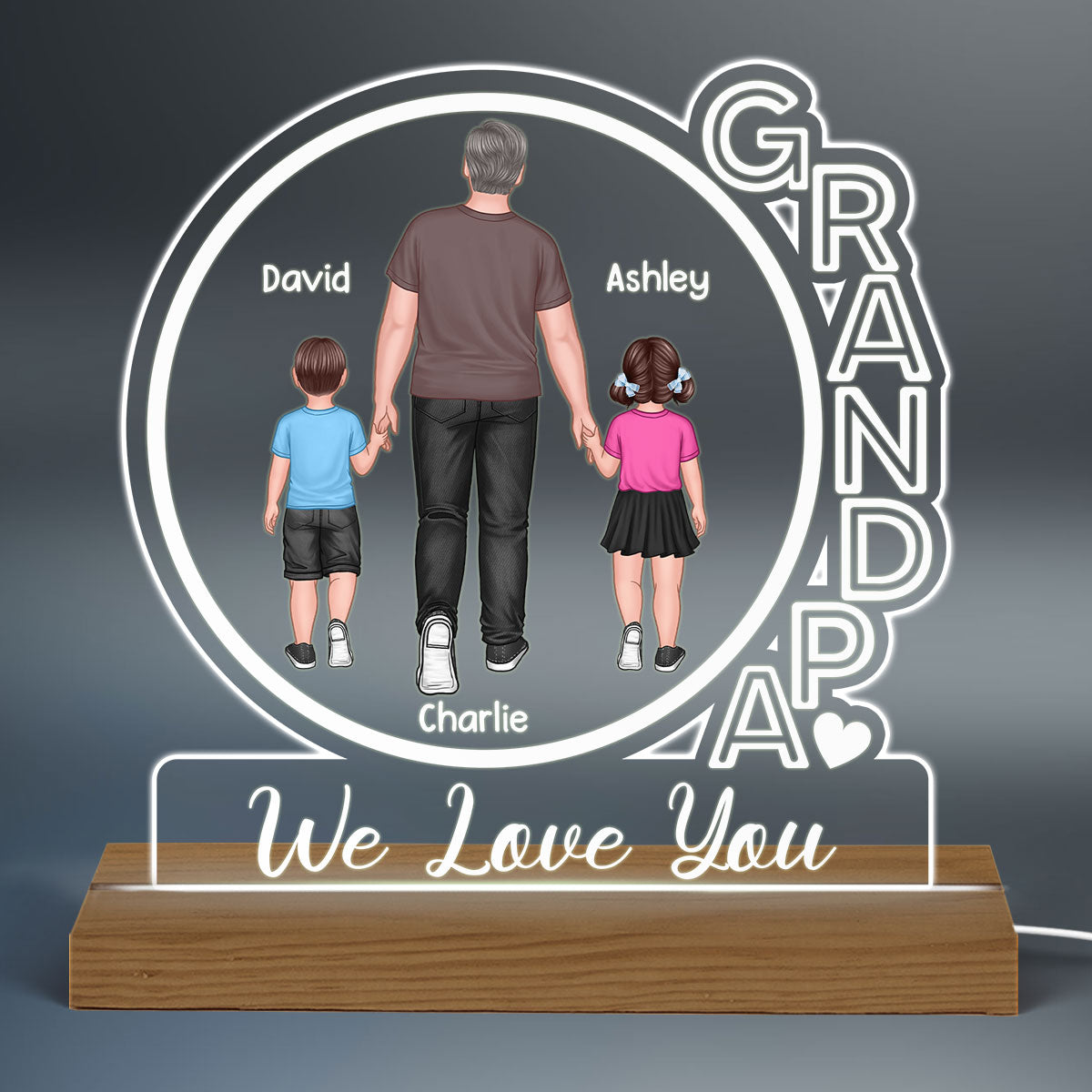 Grandpa We Love You Back View Walking Man & Kids Personalized Custom Shape Acrylic Plaque With Warm LED Night Light