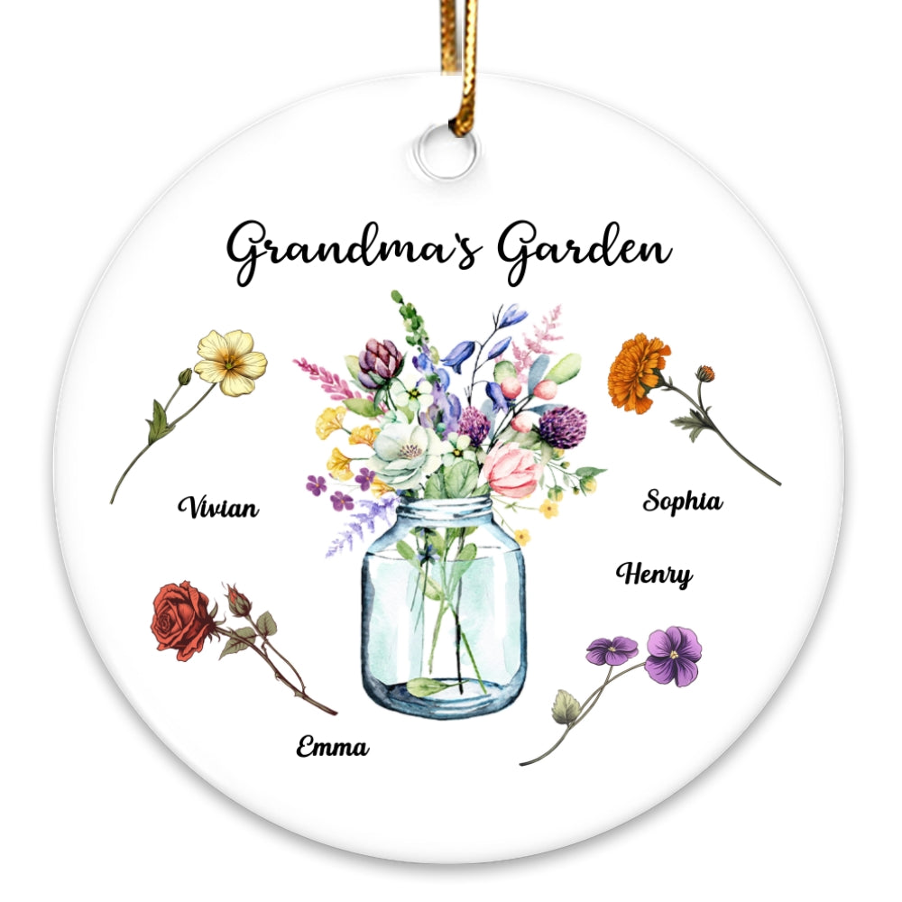 Grandma Garden Birth Month Flowers Vase Personalized Circle Ceramic Ornament, Christmas Gift for Grandma