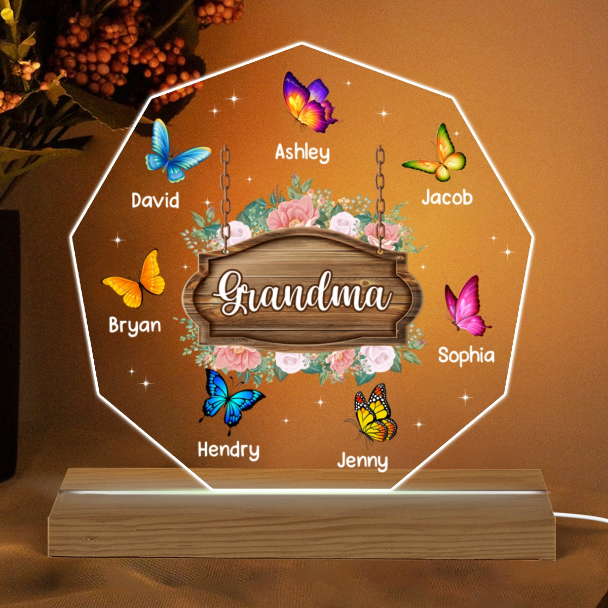 Grandma Butterfly Flowers Personalized Warm Acrylic Custom Shape LED Night Light