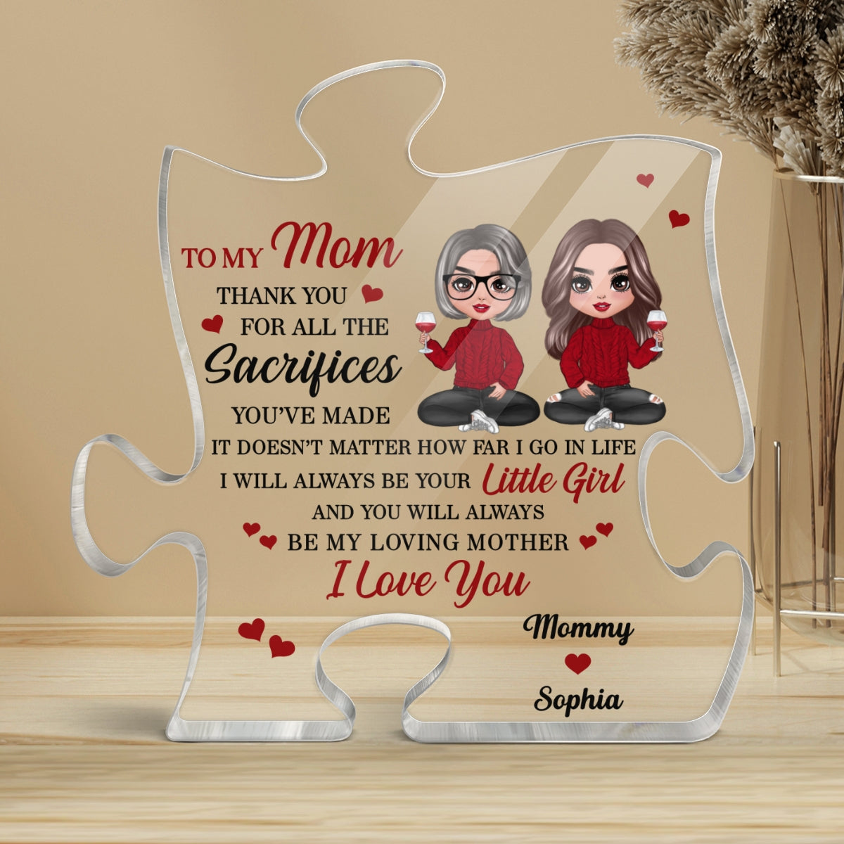 To My Mom Doll Mom And Daughter Sitting Gift For Mom Personalized Puzzle Acrylic Plaque