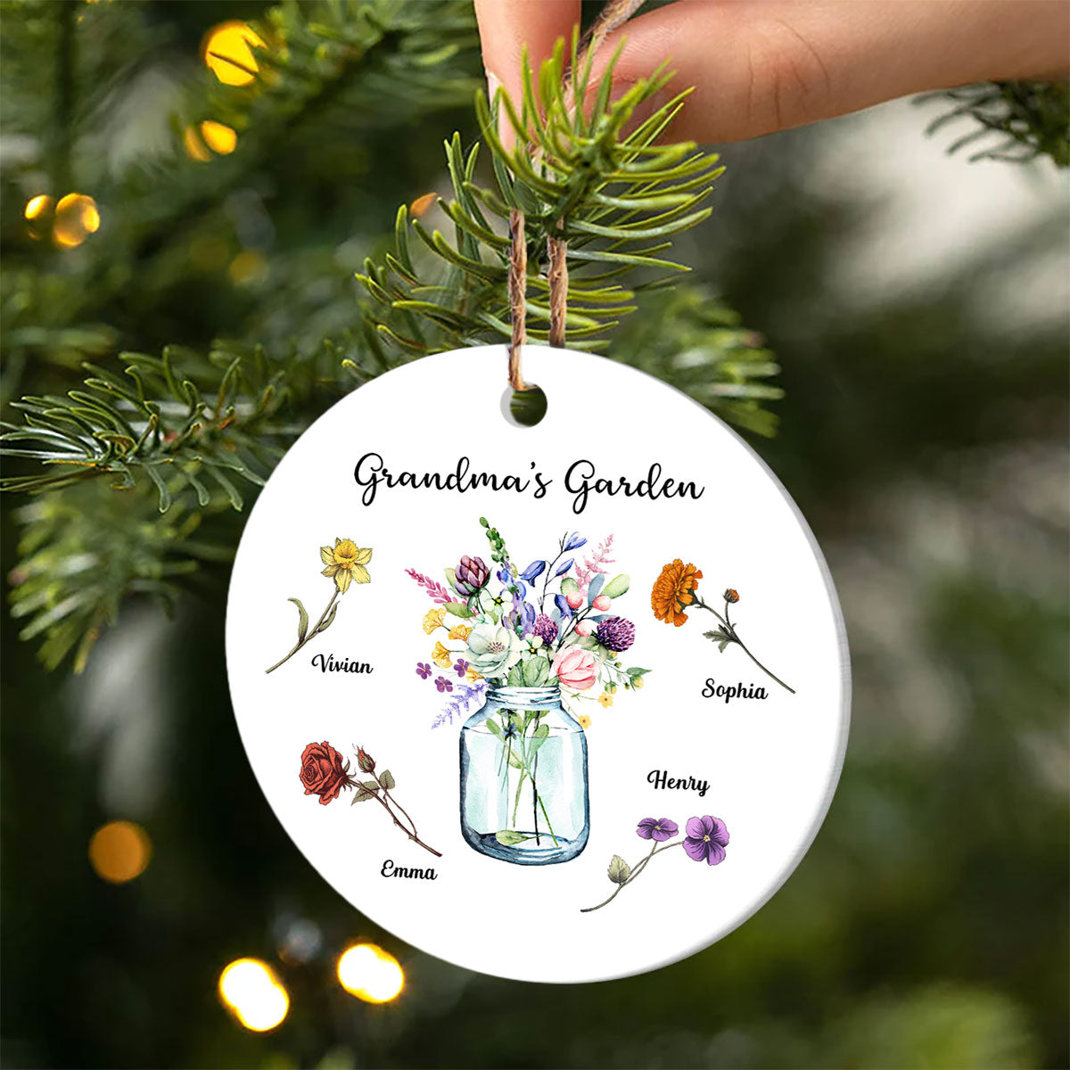 Grandma Garden Birth Month Flowers Vase Personalized Circle Ceramic Ornament, Christmas Gift for Grandma