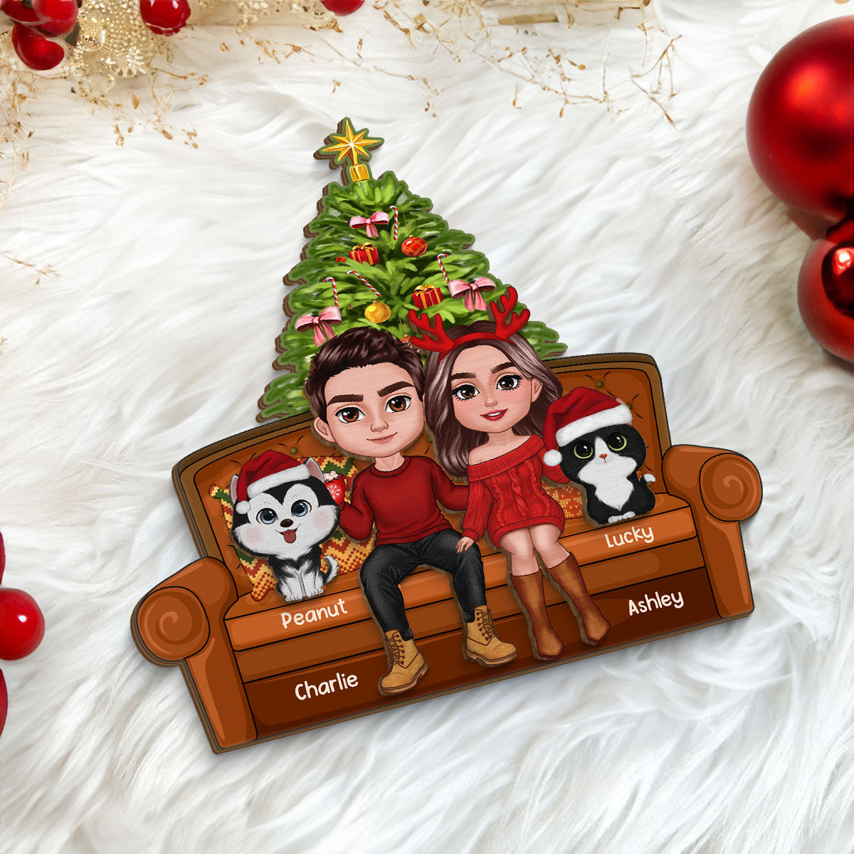 Christmas Couple With Dog Cat Sitting On Sofa Personalized 2 Layer Wooden Plaque