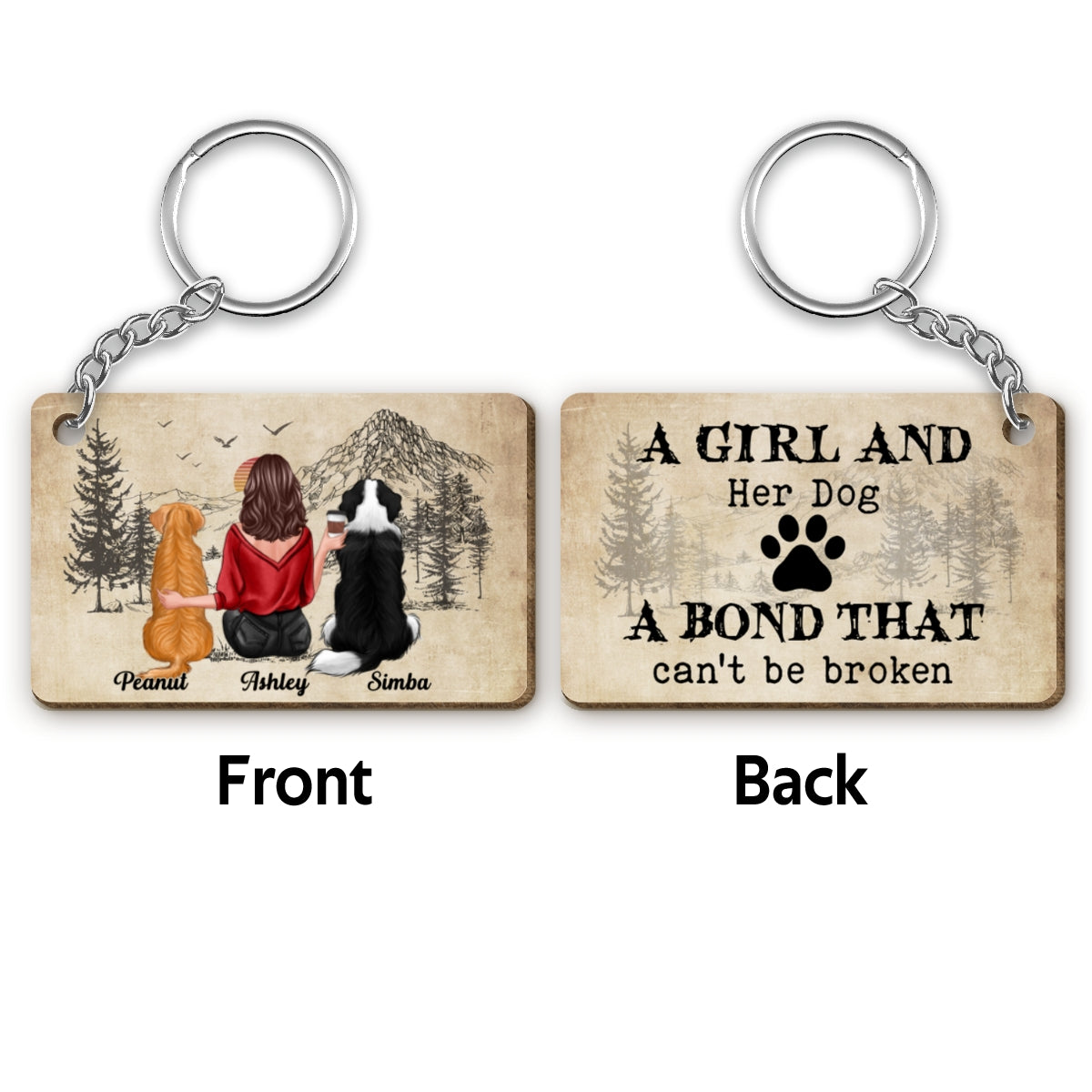 A Girl And Her Dogs A Bond Can‘t Be Broken Personalized Wooden Keychain