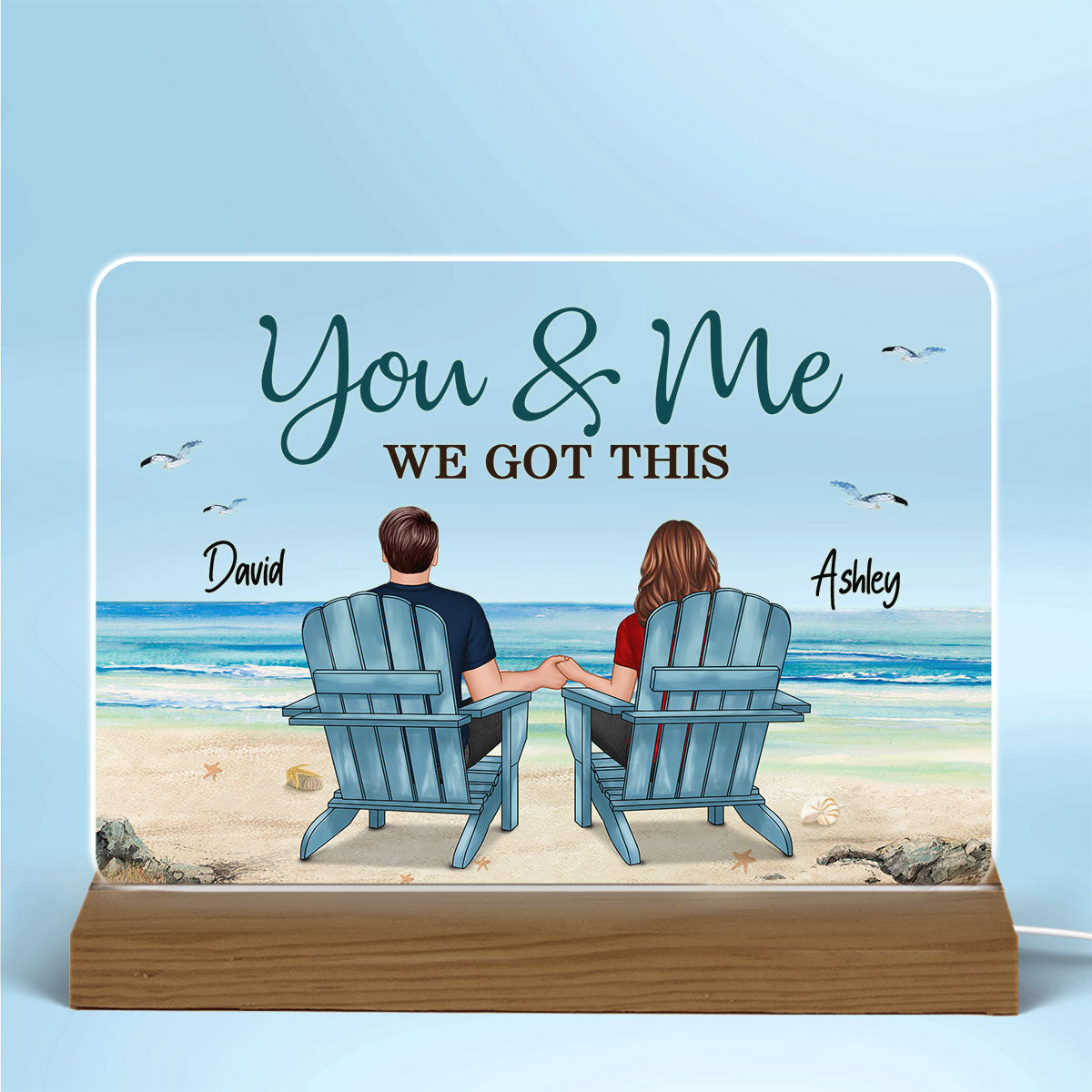 Back View Couple Sitting Beach Landscape Personalized Custom Shape Acrylic Plaque LED Night Light