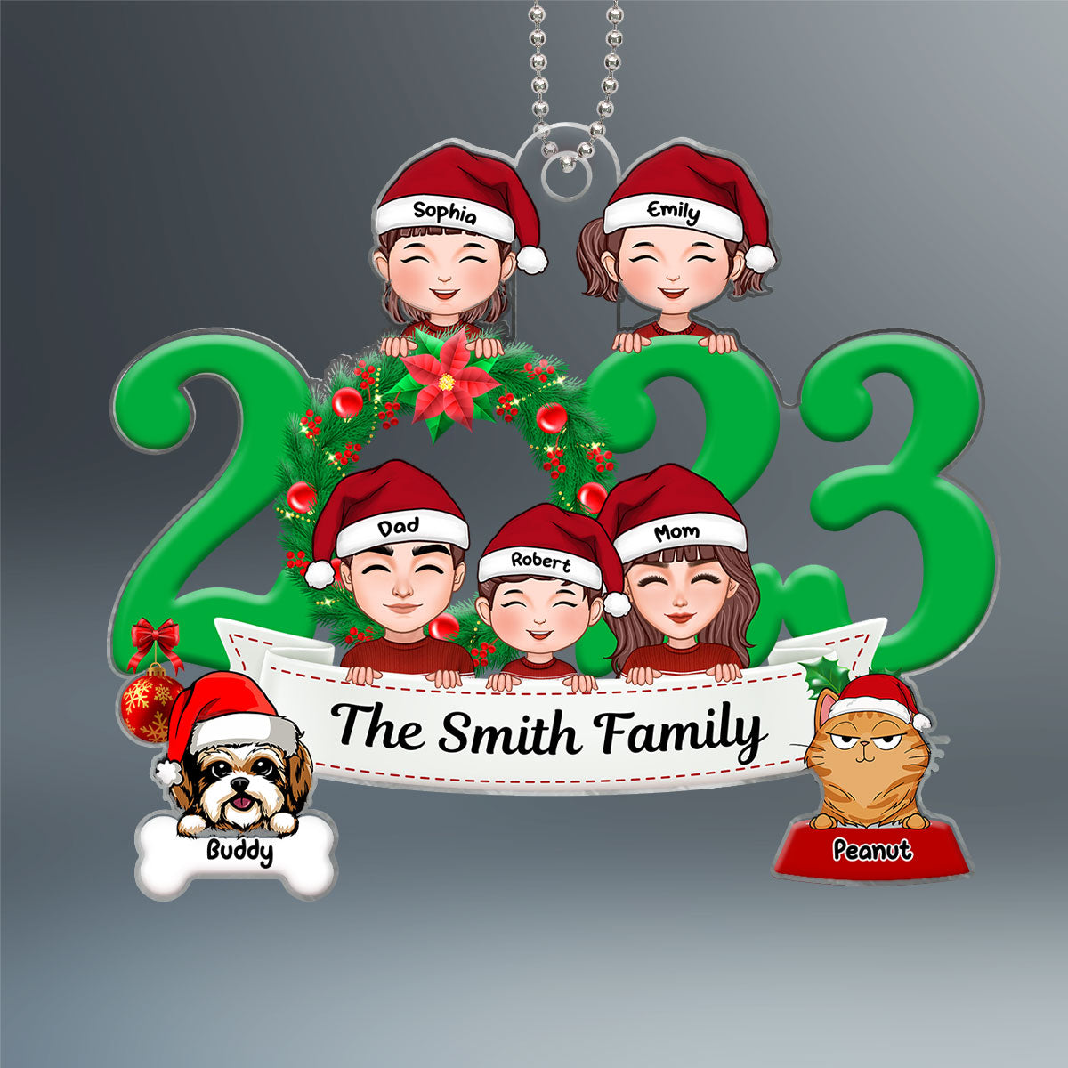Family And Dogs Cats Peeking 2023 Personalized Acrylic Ornament