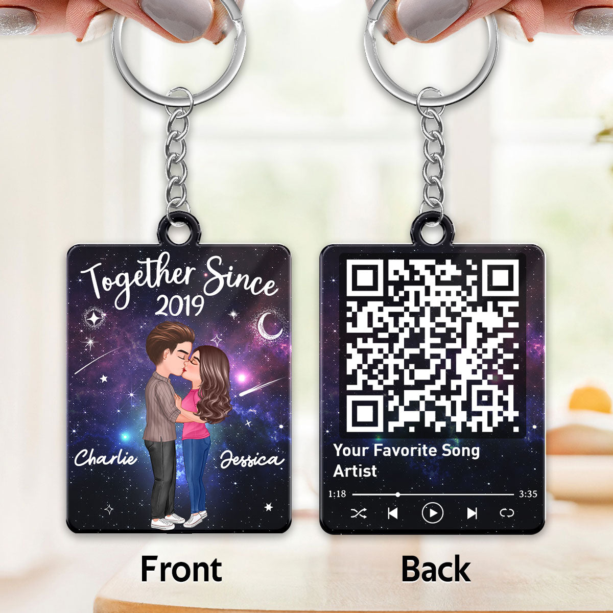 Doll Couple Kissing In Galaxy Night Favorite Song Scannable QR Code Personalized Acrylic Keychain