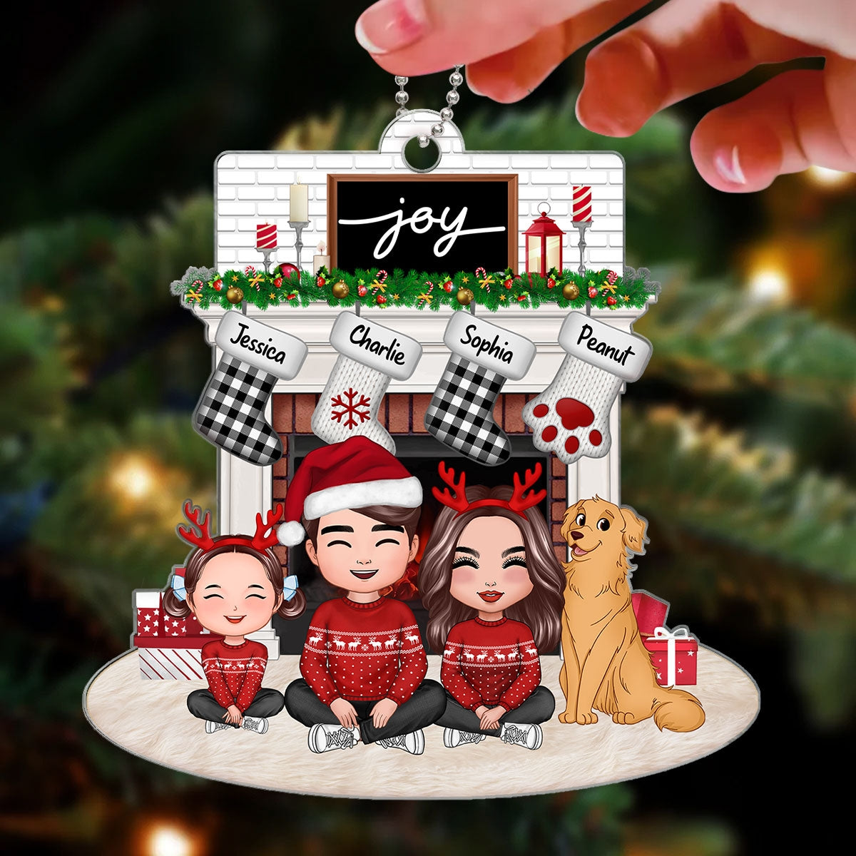 Whole Happy Face Family Dad Mom Kids Dogs Cats Sitting Crossed Legs At Christmas Fireplace Personalized Acrylic Ornament