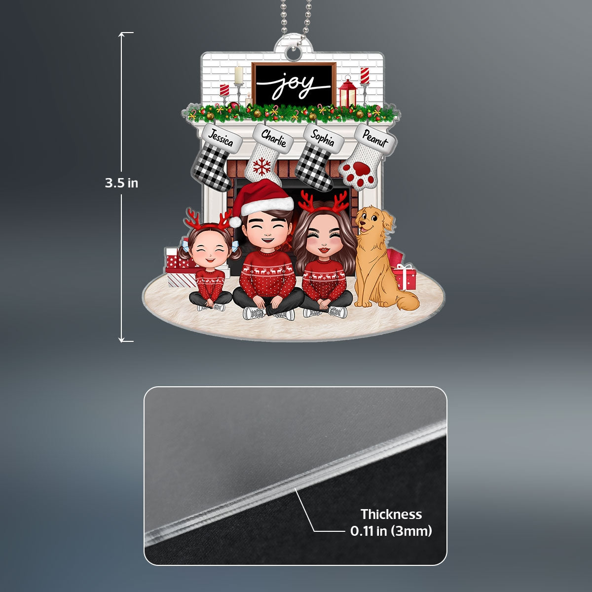 Whole Happy Face Family Dad Mom Kids Dogs Cats Sitting Crossed Legs At Christmas Fireplace Personalized Acrylic Ornament