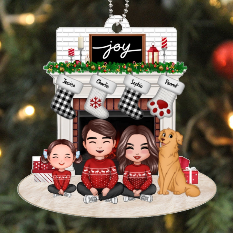 Whole Happy Face Family Dad Mom Kids Dogs Cats Sitting Crossed Legs At Christmas Fireplace Personalized Acrylic Ornament