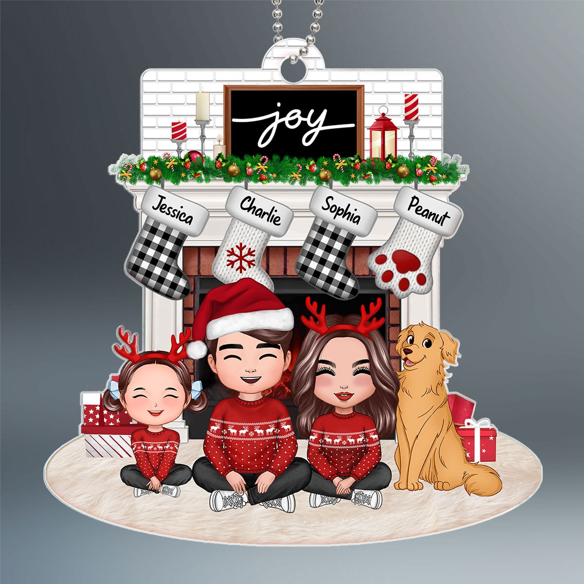 Whole Happy Face Family Dad Mom Kids Dogs Cats Sitting Crossed Legs At Christmas Fireplace Personalized Acrylic Ornament