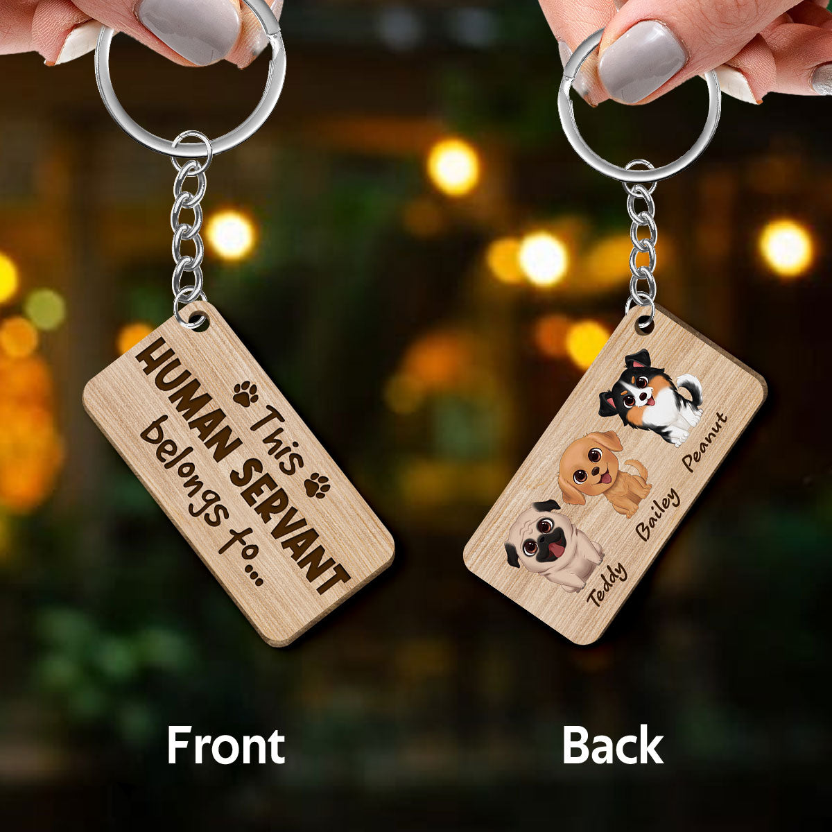 This Human Servant Belongs To Watercolor Cute Dogs Personalized Wooden Keychain
