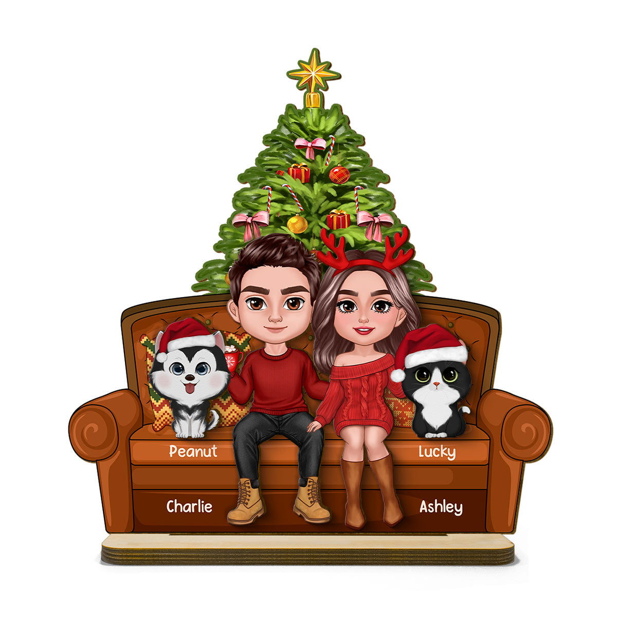 Christmas Couple With Dog Cat Sitting On Sofa Personalized 2 Layer Wooden Plaque
