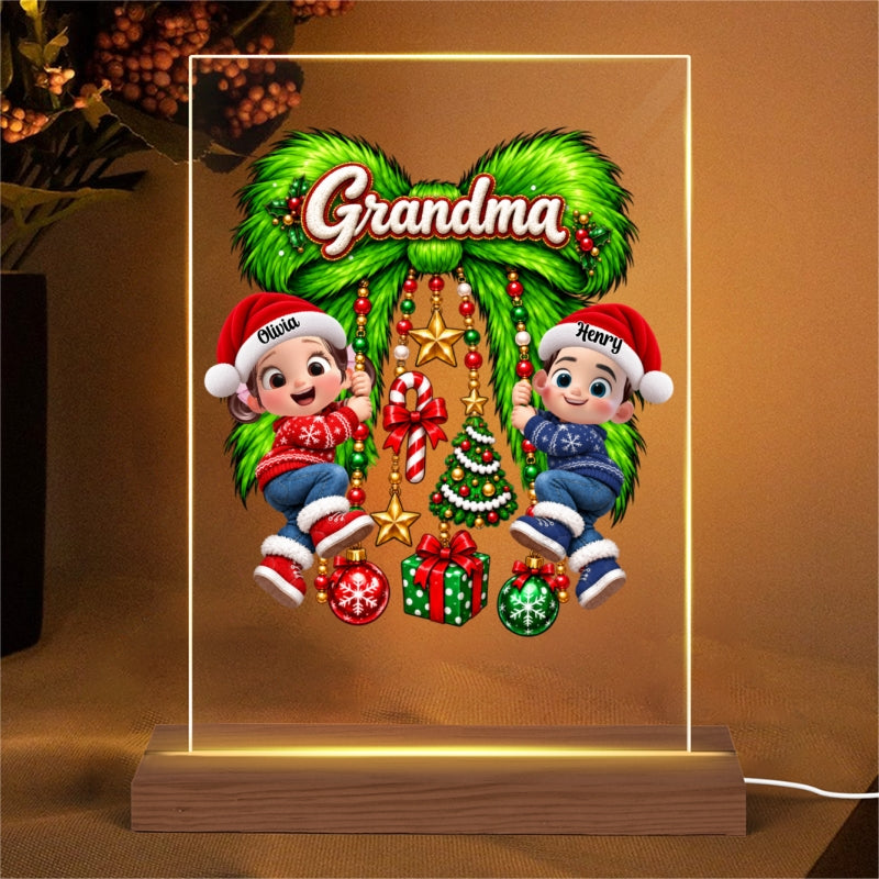 Cute Grandkids Green Bow Charm Personalized Plaque LED Night Light, Christmas Gift for Grandma, Mom or Wife