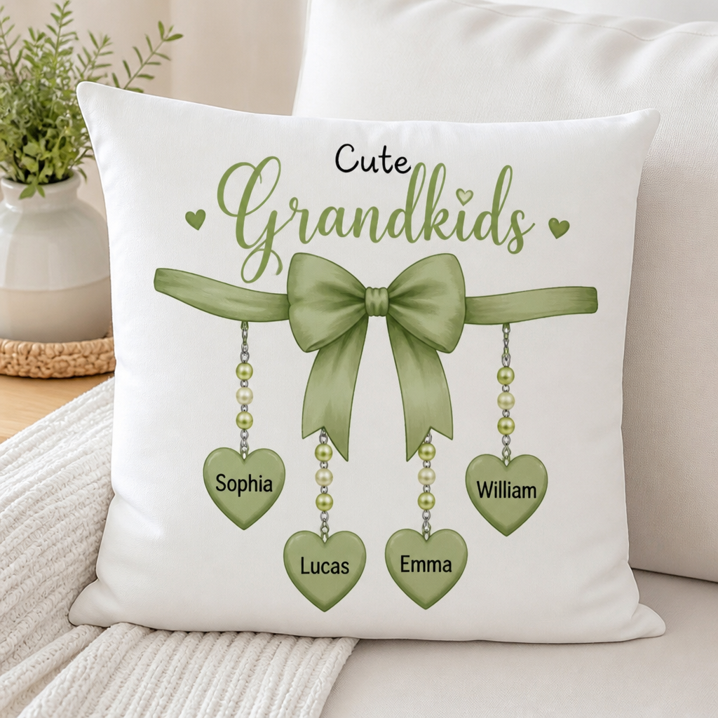 Cute Grandkids Green Bow Charm Personalized Pillow, Trendy Christmas Gift for Grandma, Mom or Wife