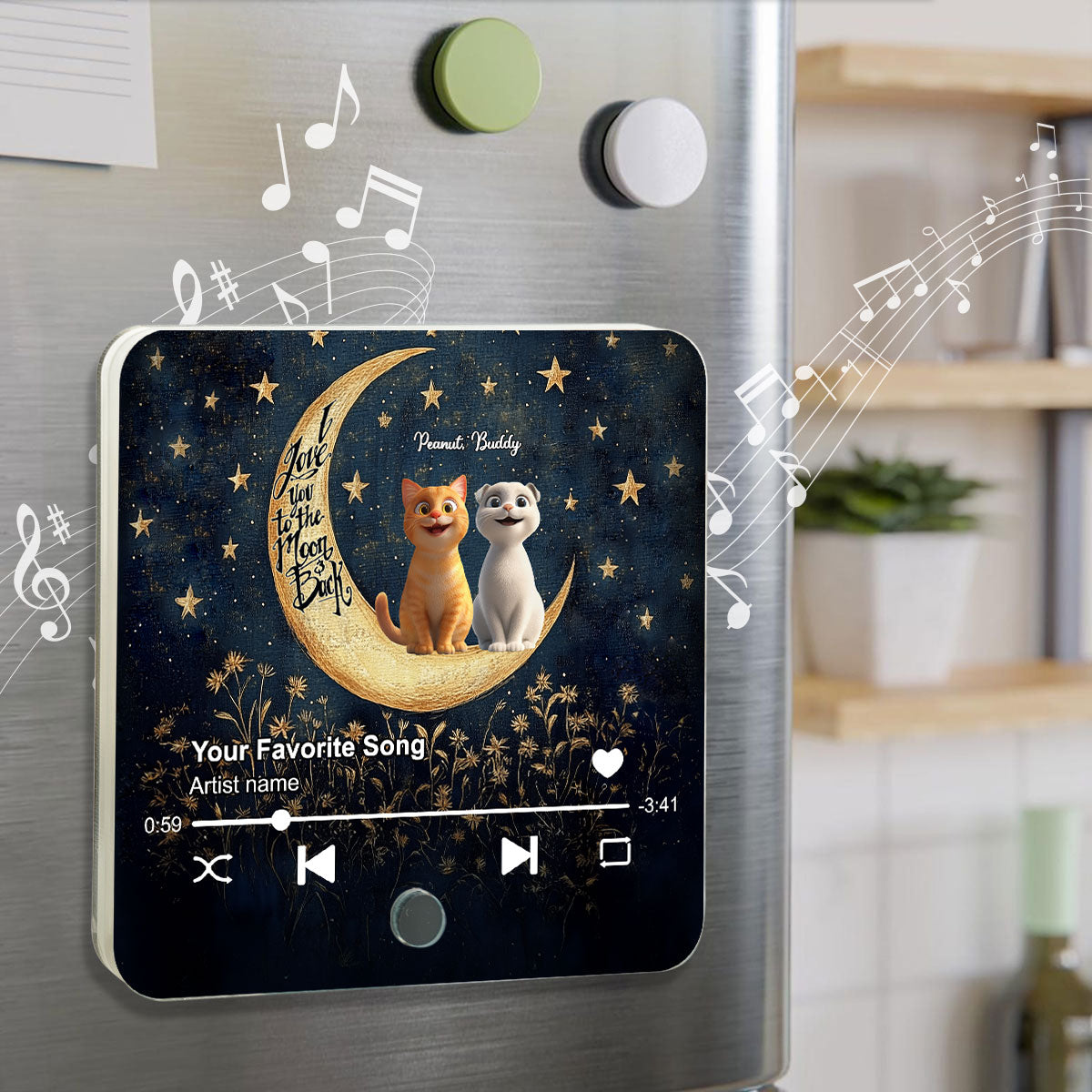 Cat Sitting On Moon Personalized Music Fridge Magnet, Gift for Cat Moms