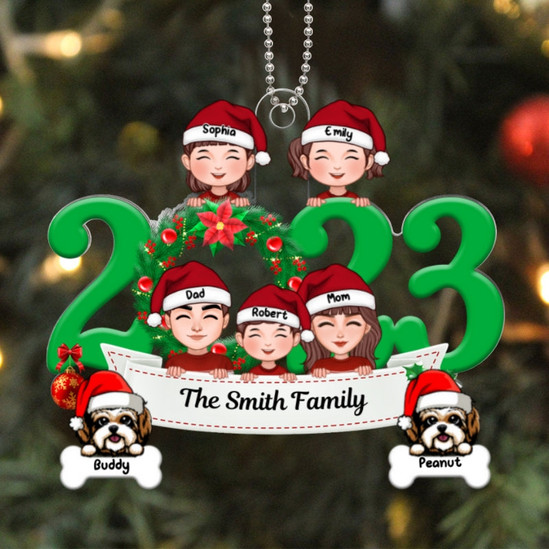 Family And Dogs Cats Peeking 2023 Personalized Acrylic Ornament