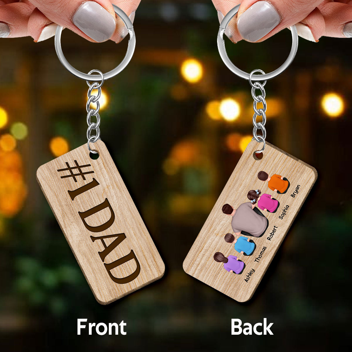 Best Dad Ever Back View Man Kids Dog Cat Personalized Wooden Keychain