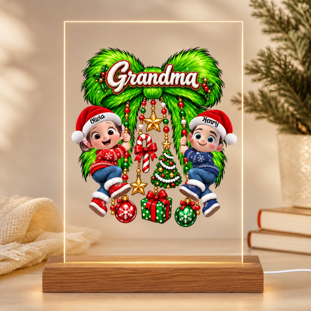 Cute Grandkids Green Bow Charm Personalized Plaque LED Night Light, Christmas Gift for Grandma, Mom or Wife