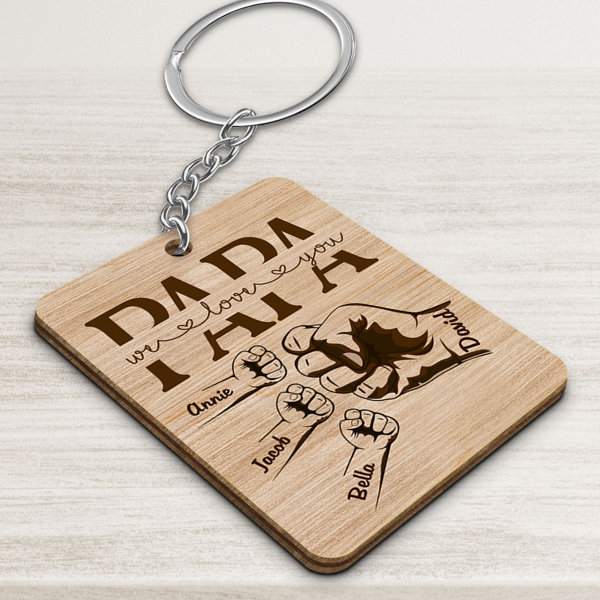 Grandpa Dad We Love You Fist Bump Personalized Wooden Keychain
