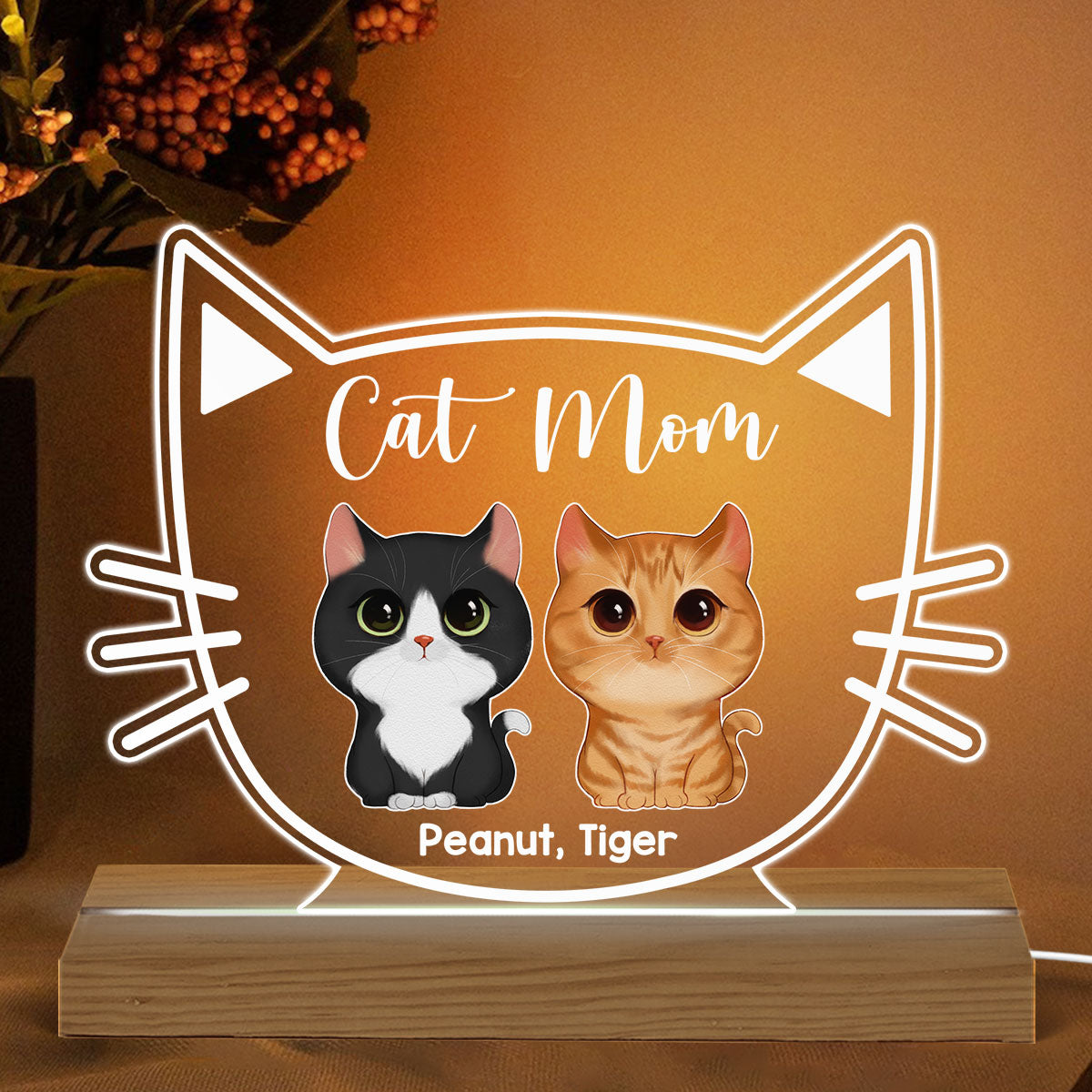 Cat Mom Watercolor Cute Cats Cat Face Personalized Custom Shape Acrylic Plaque Warm LED Night Light