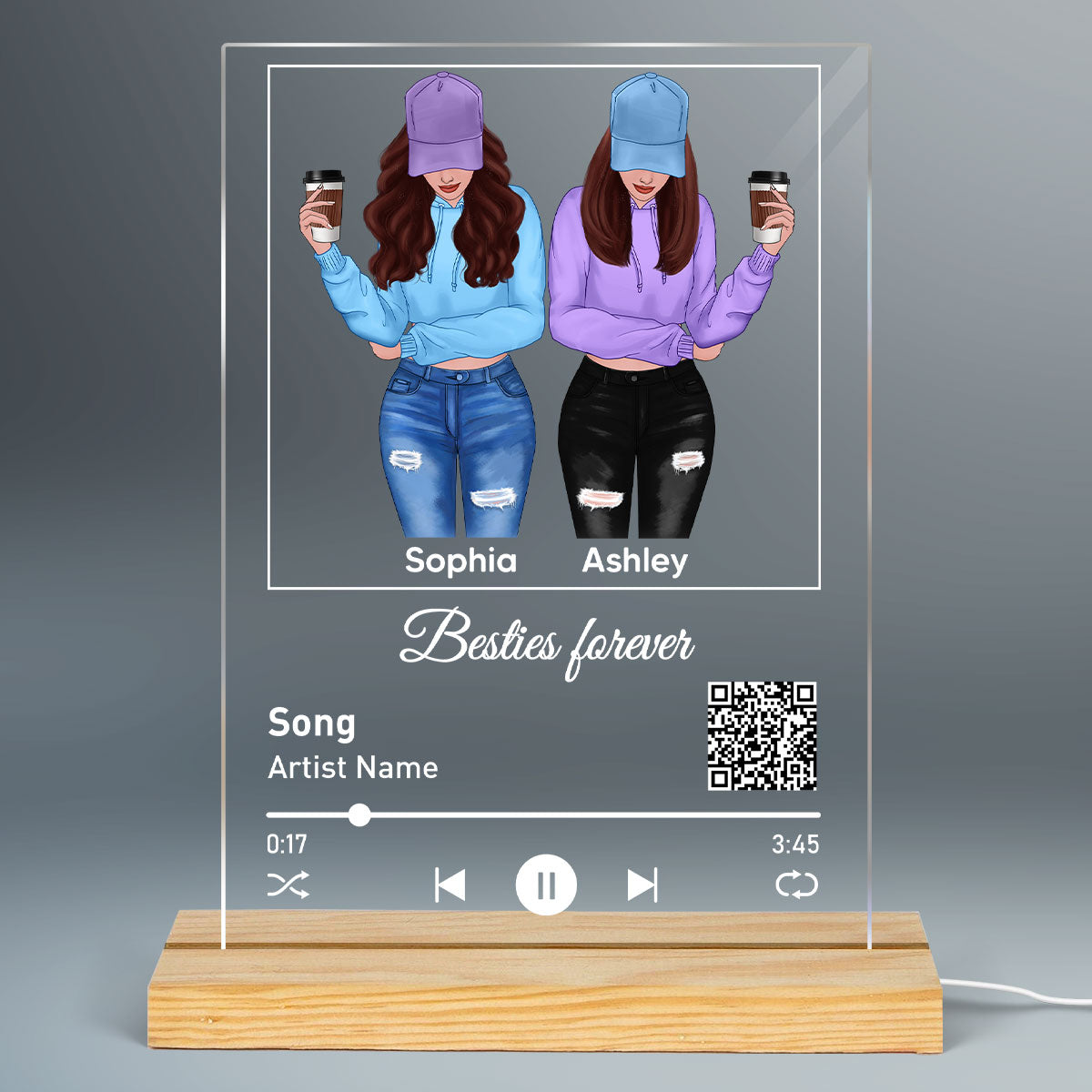 Front View Besties Favorite Song Scannable QR Code Personalized Rectangle Acrylic Plaque LED Night Light