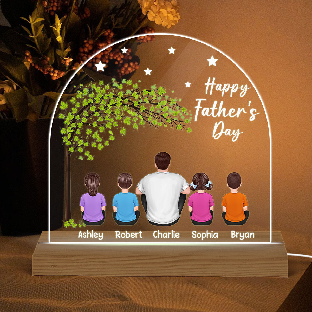 Happy Father‘s Day Dad And Kids Sitting Under Tree Personalized Custom Shape Warm LED Night Light