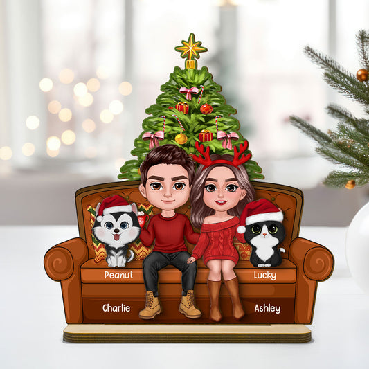 Christmas Couple With Dog Cat Sitting On Sofa Personalized 2 Layer Wooden Plaque