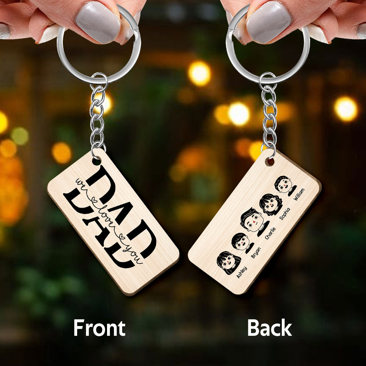 Best Dad Ever Portrait Cartoon Dad & Kids Personalized Wooden Keychain
