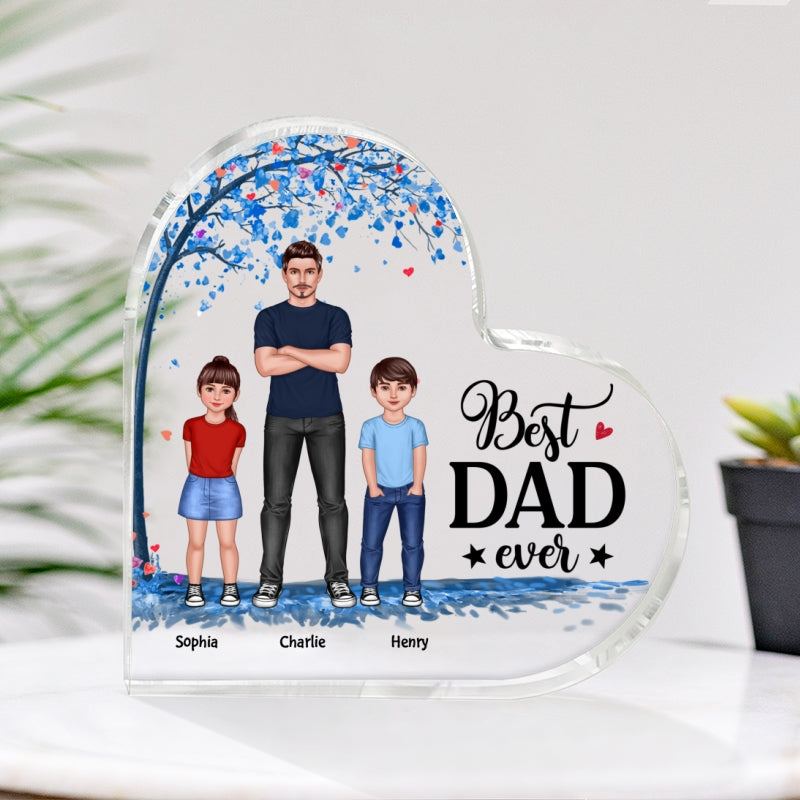 Dad And Kids Standing Front View Under Blue Tree Personalized Heart Acrylic Plaque