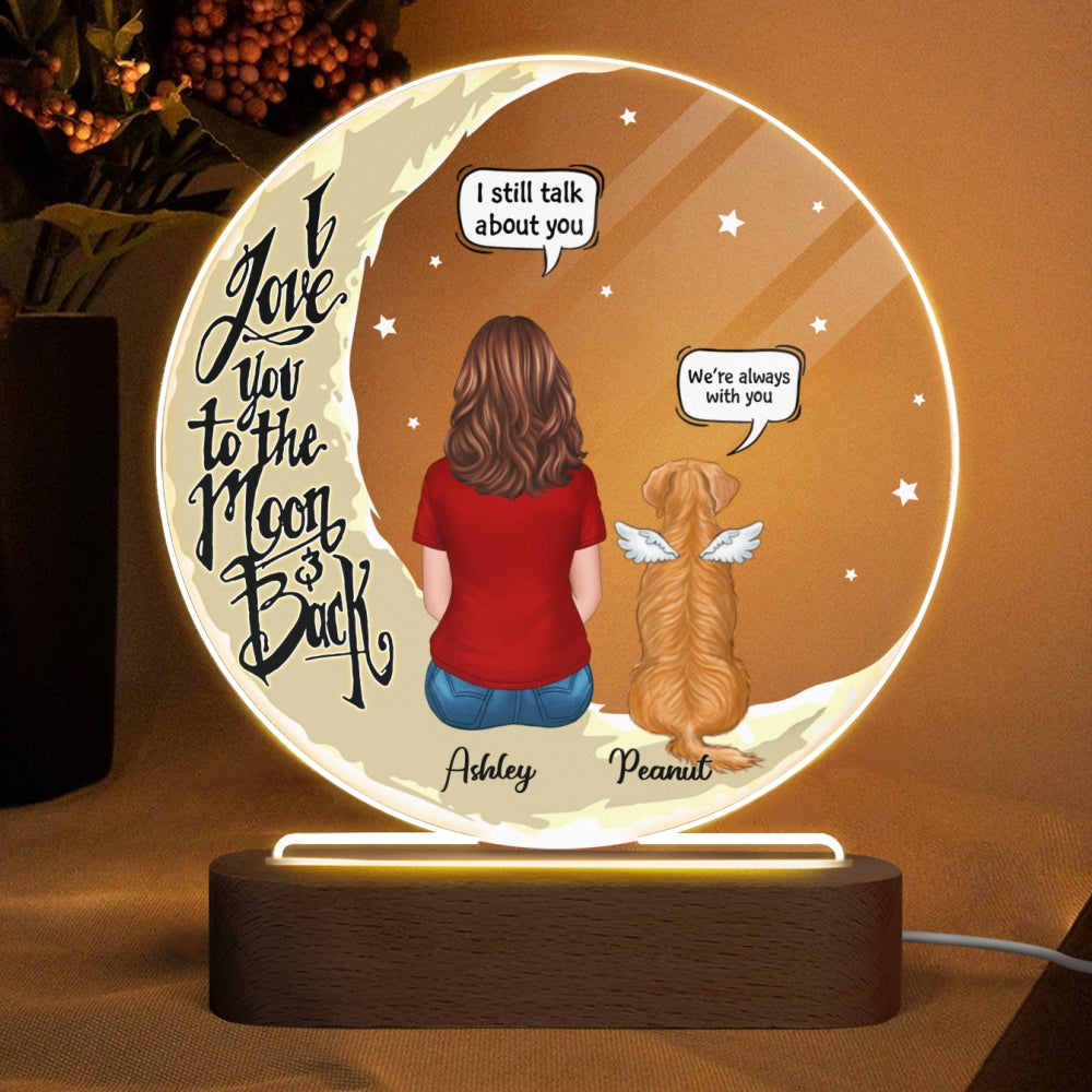 Memorial Dog On Yellow Moon Personalized Circle Acrylic LED Lamp Night Light