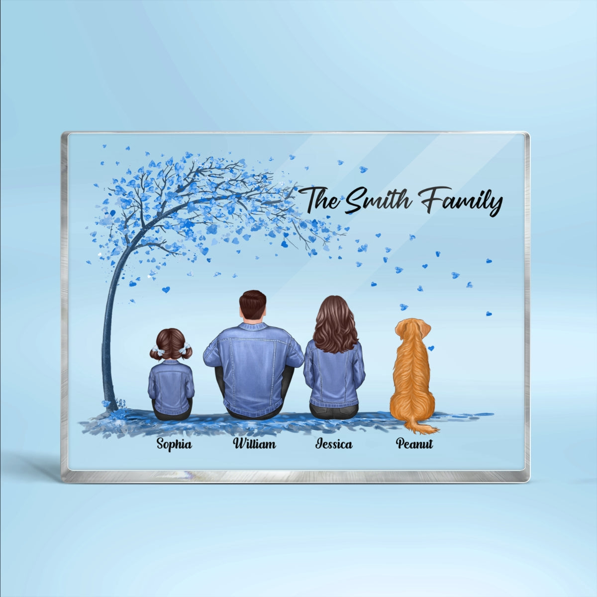 Denim Jacket Family Sitting Under Blue Tree Personalized Rectangle Acrylic Block Plaque