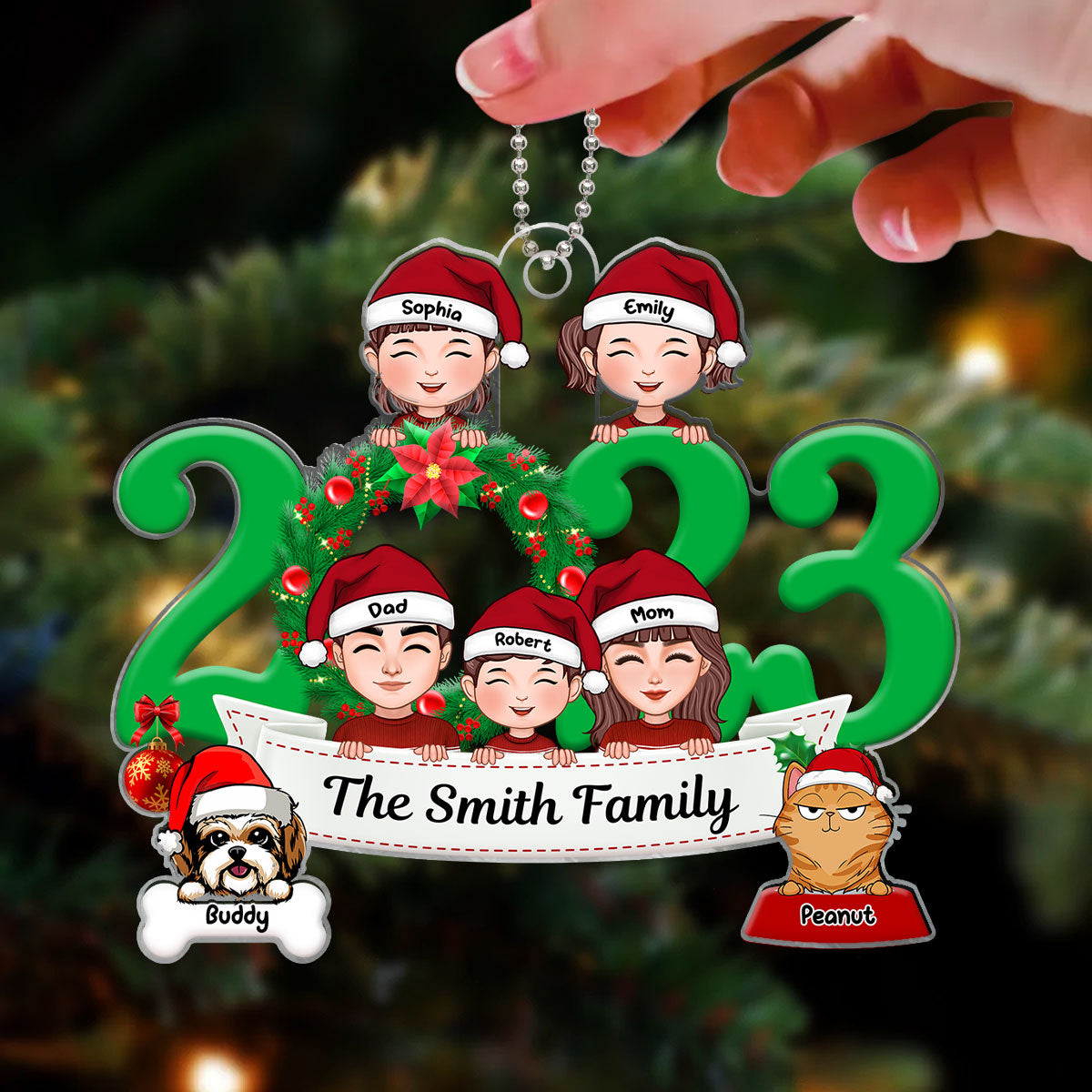 Family And Dogs Cats Peeking 2023 Personalized Acrylic Ornament