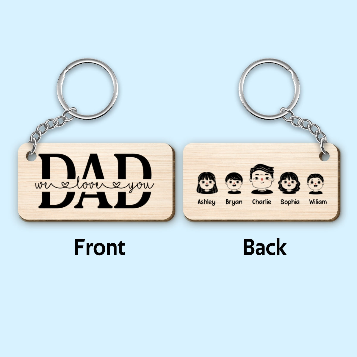 Best Dad Ever Portrait Cartoon Dad & Kids Personalized Wooden Keychain