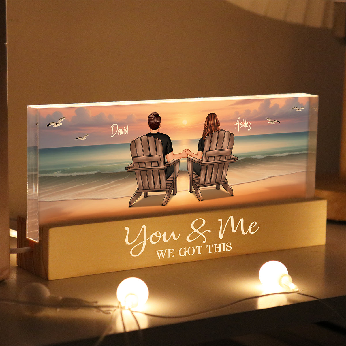 Eternal Sunset Beach Couple - Personalized Acrylic Block Plaque LED Night Light - Anniversary Gift For Girlfriend, For Wife